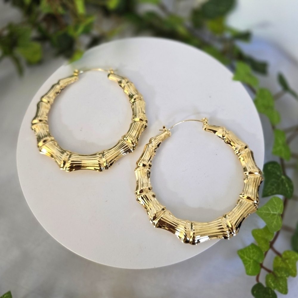 Large Gold Hoop Earrings Bamboo Round Doorknocker